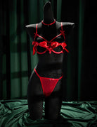 Front view of red satin open-cup bra, thong, and choker set with bows