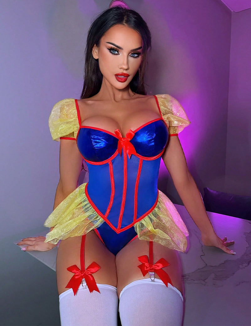 Blue princess cosplay bodysuit with yellow puff sleeves, red trim, and white thigh-high stockings