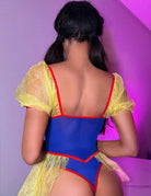 Back of blue princess cosplay bodysuit with yellow puff sleeves and red trim