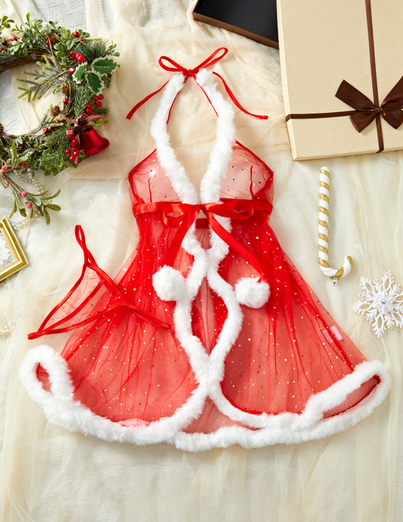 Christmas Sheer Mesh Fly-Away Babydoll with Thong