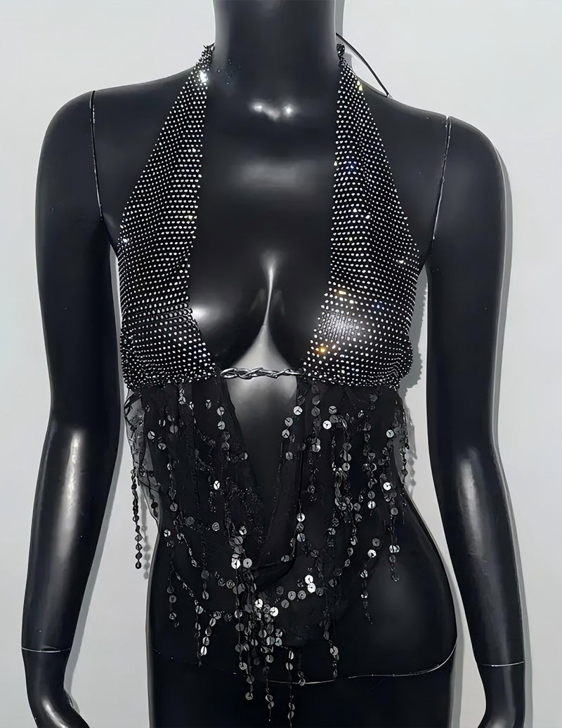 Rhinestone Mesh Halter Crop Top with Fringe Hem