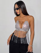 Metallic Chain Fringe Halter Crop Top