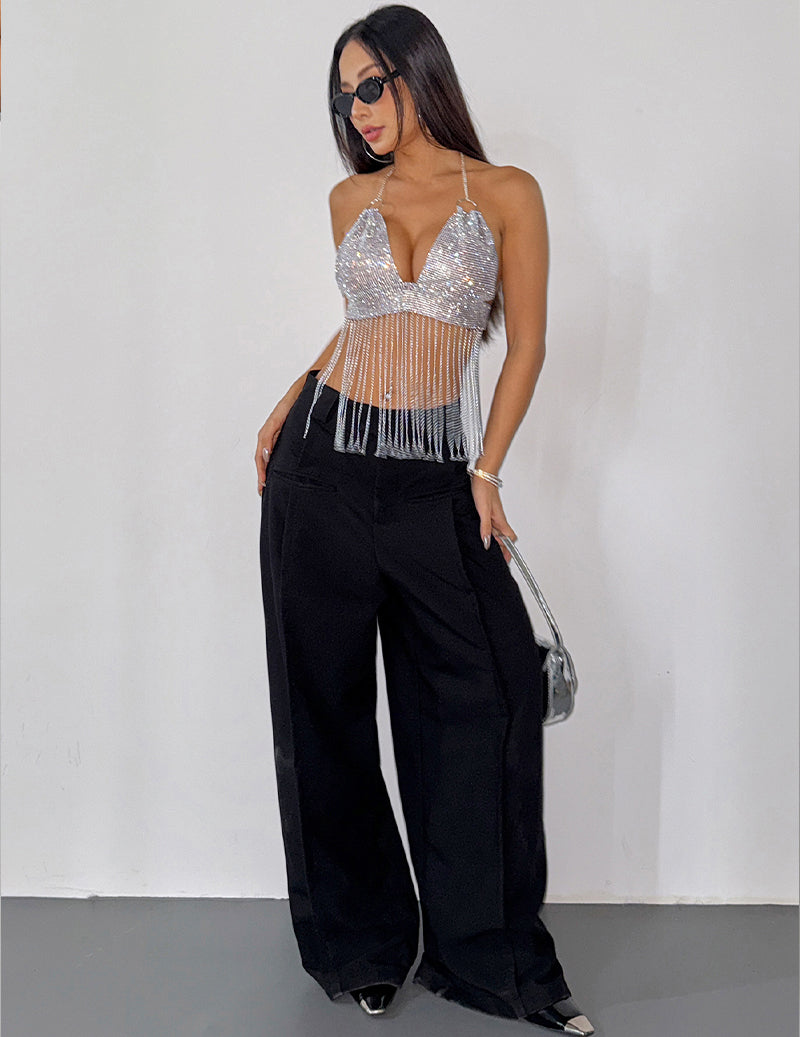 Metallic Chain Fringe Halter Crop Top