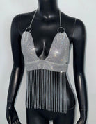Metallic Chain Fringe Halter Crop Top