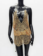 Metallic Mesh Deep V Backless Mini Dress
