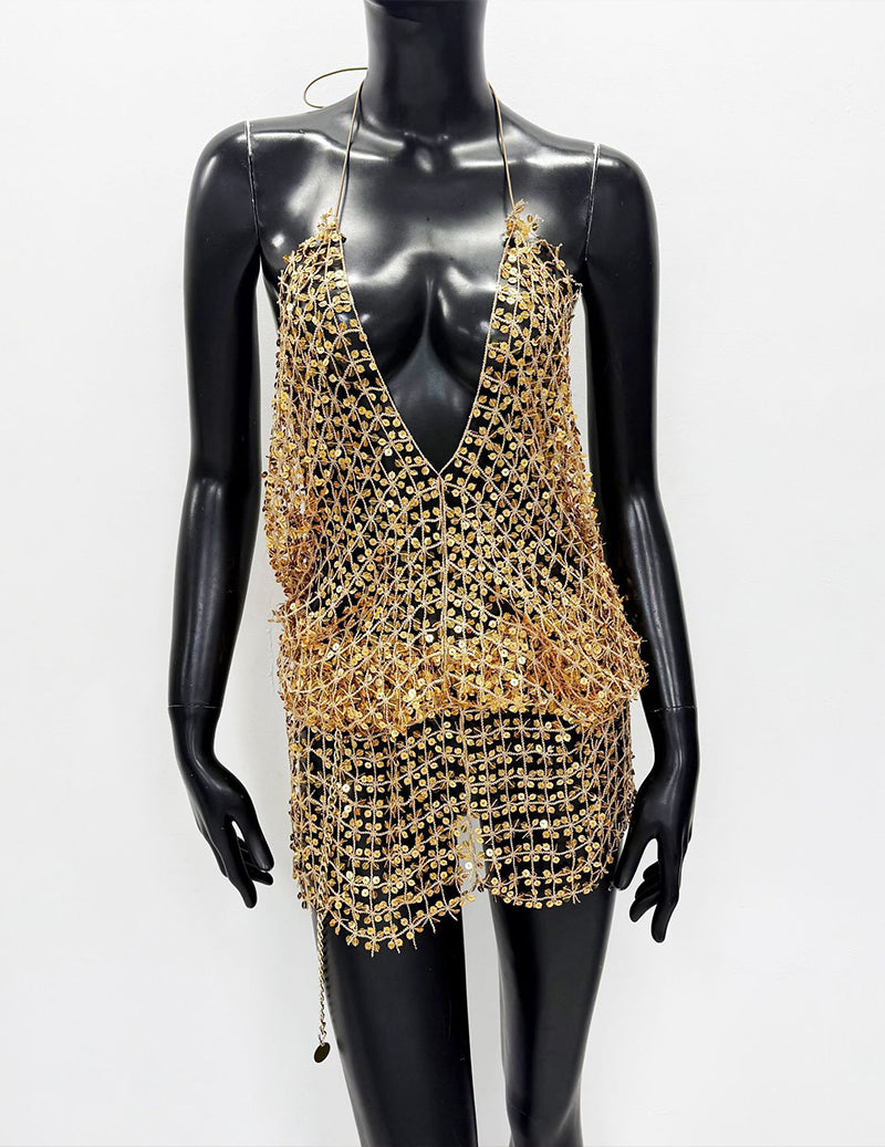 Metallic Mesh Deep V Backless Mini Dress