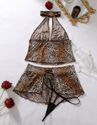 Leopard Print Halter Top Mini Skirt Thong Set