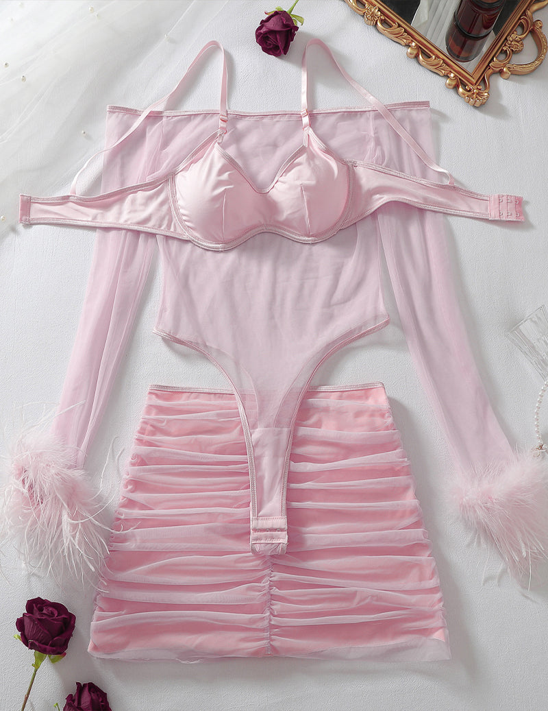Feather Trim Sheer Bodysuit Bra and Skirt Set