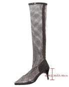 Black rhinestone fishnet over-the-knee stiletto boots, front view