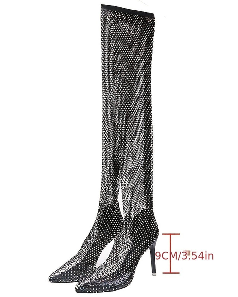 Black rhinestone fishnet over-the-knee stiletto boots, angled side view