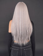 Long straight split-color wig with black and white back, blunt bangs