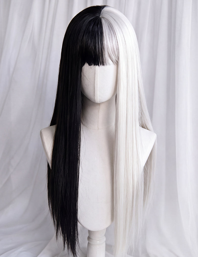 Two-tone long straight wig with black left side and silver right side on mannequin.