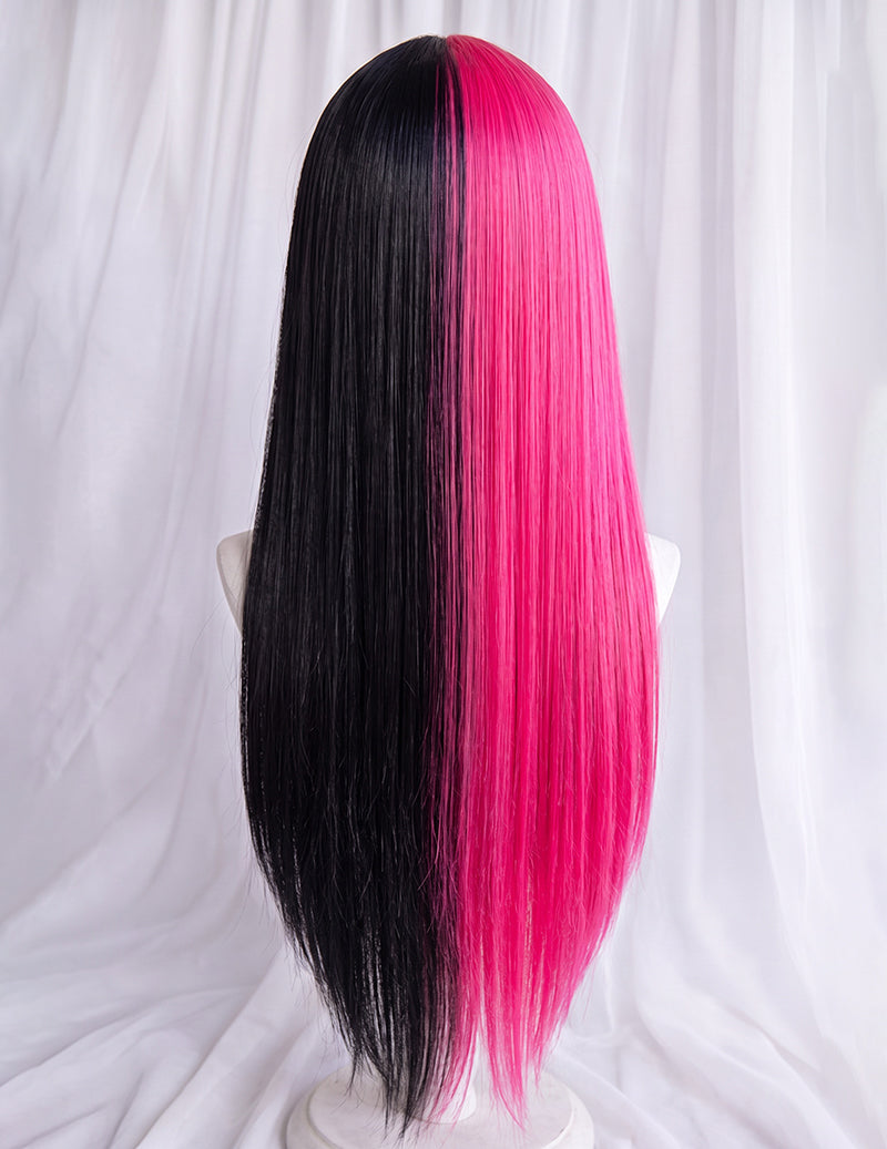 Long straight half black, half pink wig with blunt ends and center split