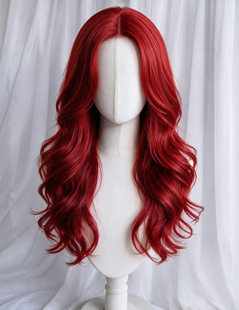 Long wavy center-part curly wig on mannequin, rich red loose waves