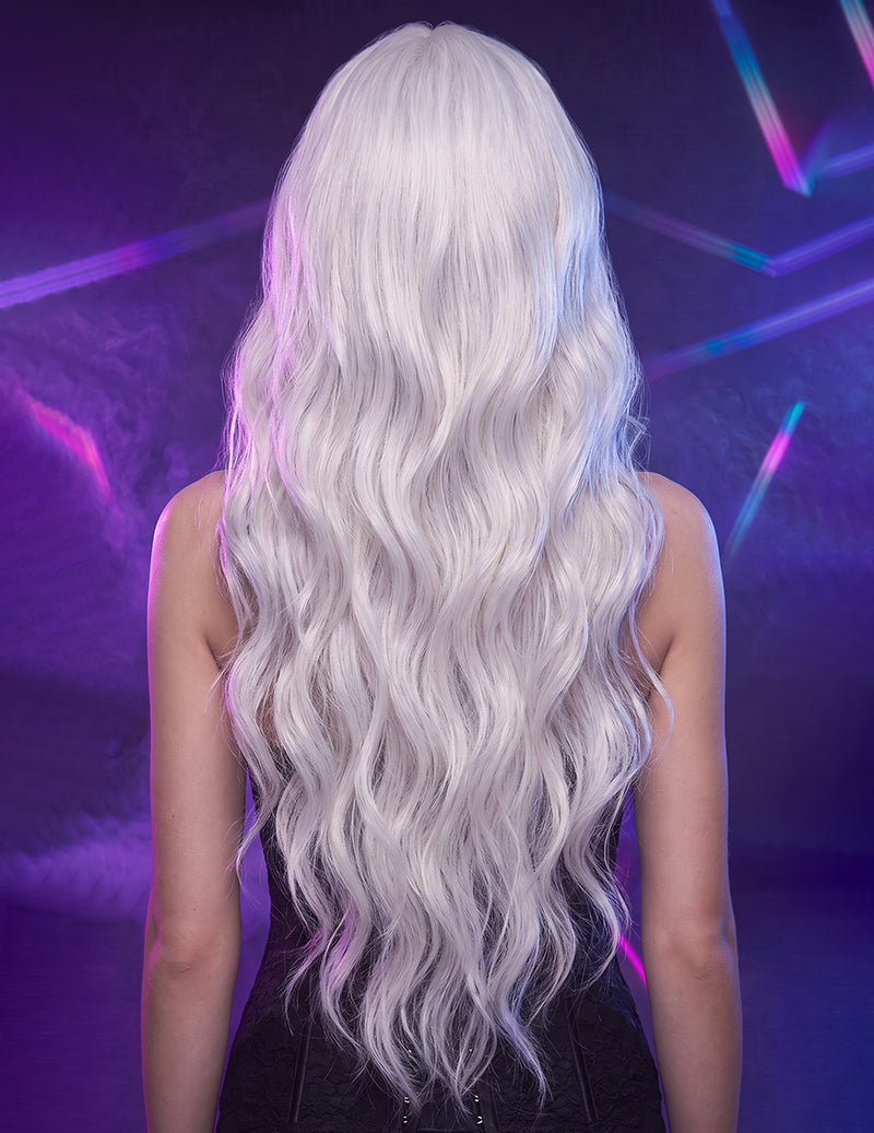 Long wavy center-part curly wig, pale silver-white, long back waves