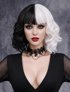 Two-tone wavy bob wig with black-and-white split, side-swept bangs, short curls