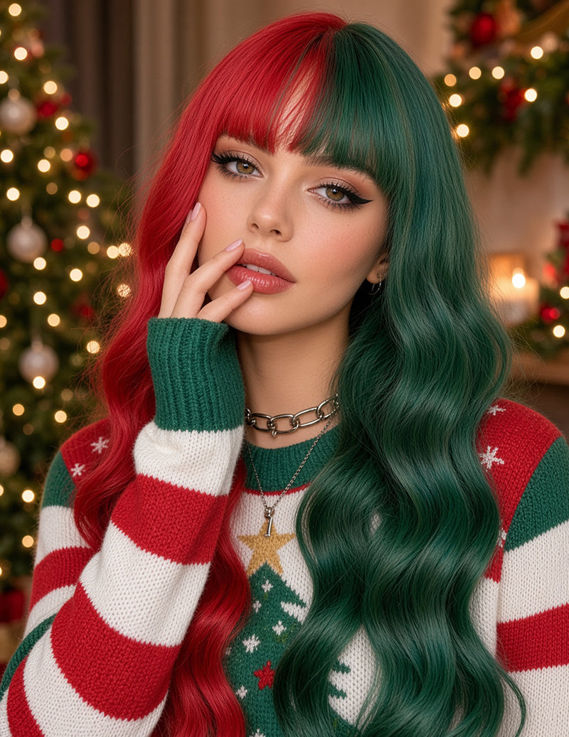Long wavy half red, half green wig with side-swept bangs, styled on model