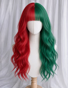 Christmas Half Red Half Green Long Wavy Wig - Red Green