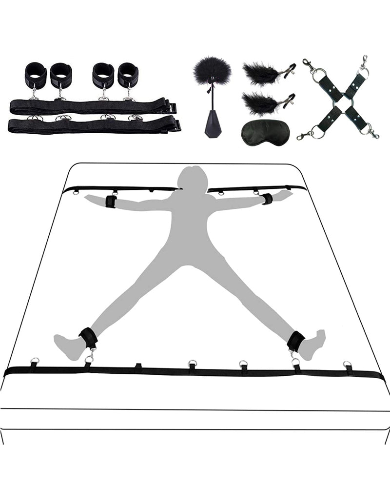 SM Bed Restraint Set with cuffs, restraints, blindfold, gag, and feather tickler.