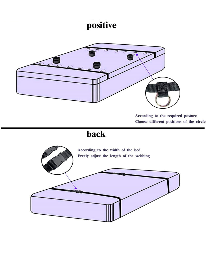 SM Bed Restraint Set diagram: Adjustable restraints with instructions for intimate exploration.