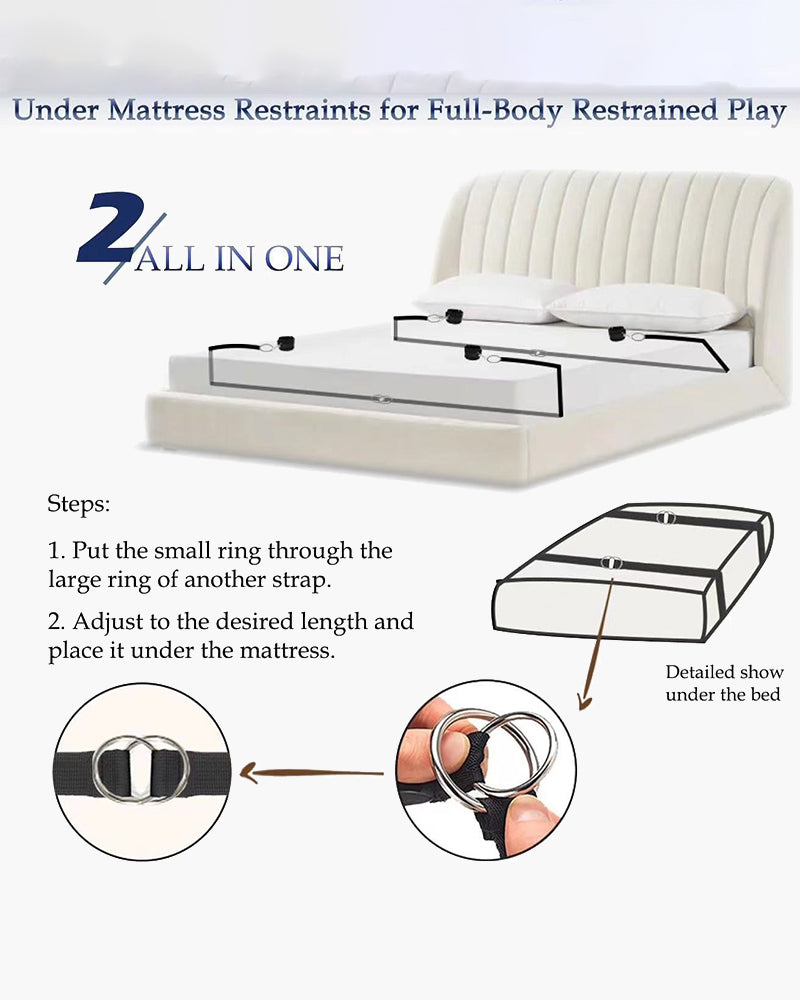 SM bed restraint band set, black straps, bed setup for intimate play, adjustable and secure