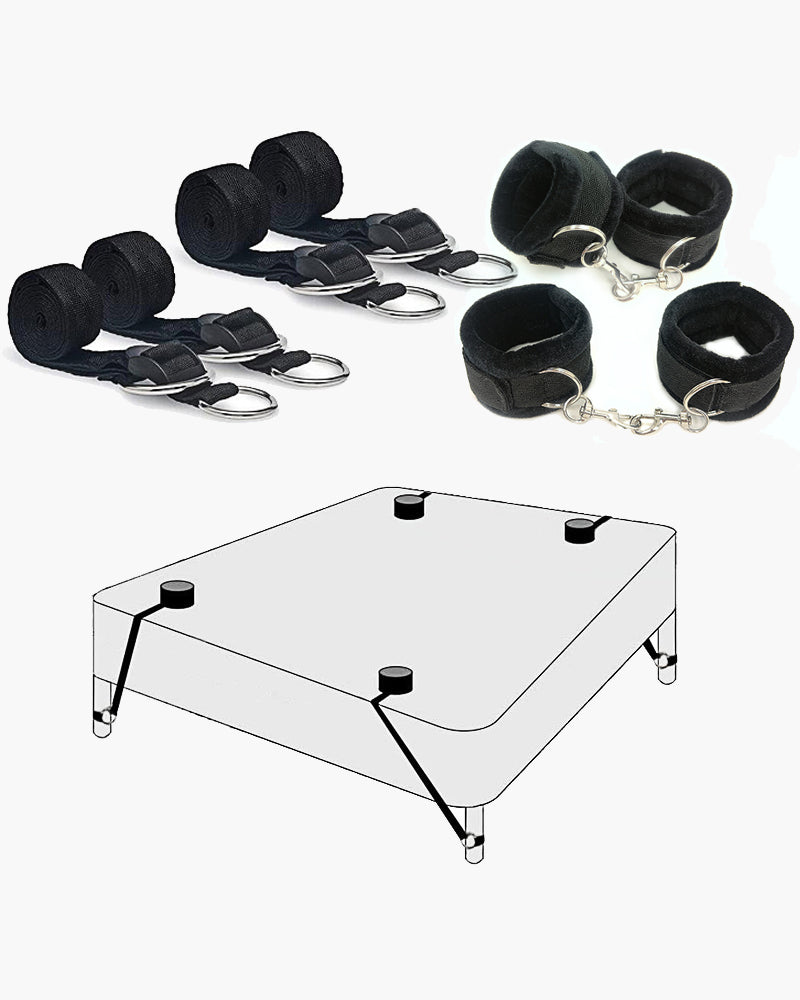 Black SM bed restraint band set with straps, cuffs, and bed setup diagram for intimate play