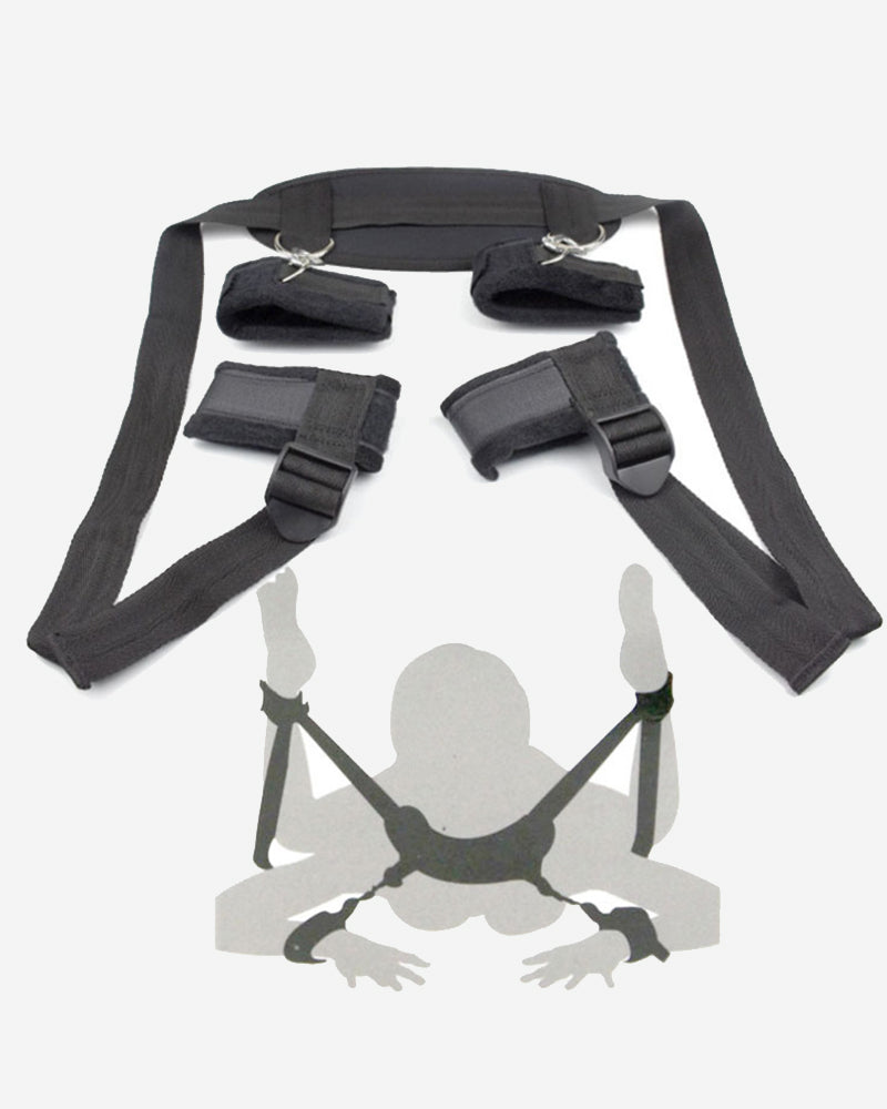 Black plush restraint set with adjustable cuffs and body harness for intimate sessions