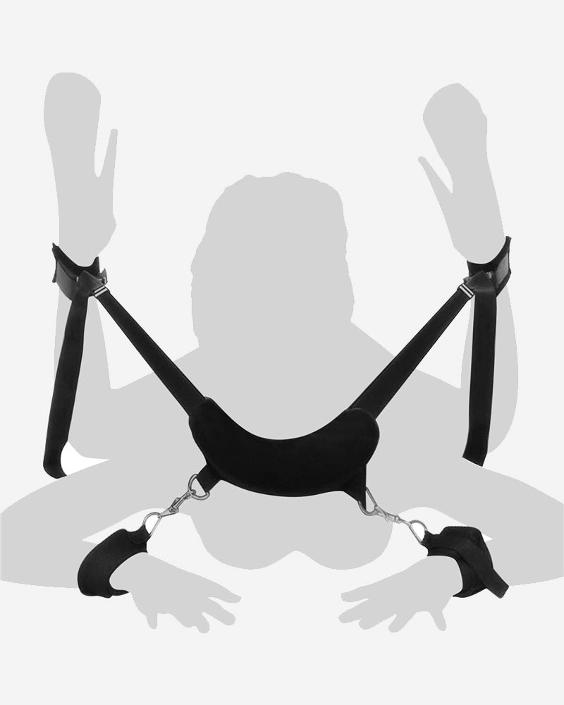 Black plush restraint set with adjustable cuffs and body harness for intimate play