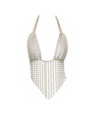 Faux leather low rise booty shorts with beaded fringe necklace, V-shaped