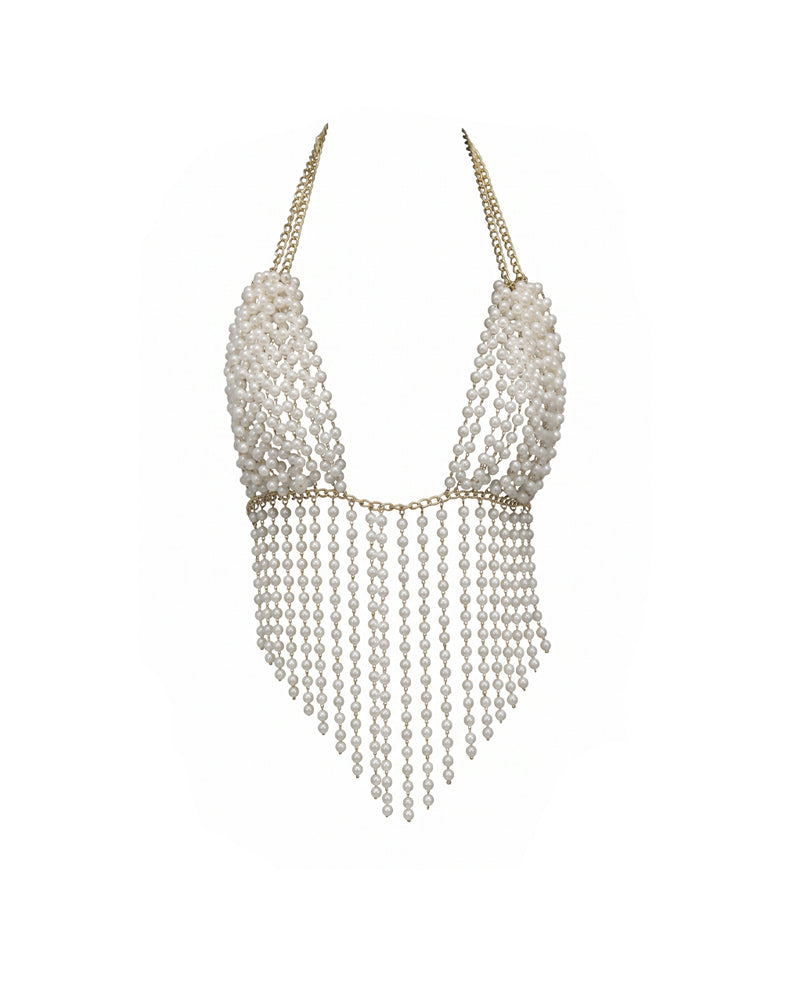 Faux leather low rise booty shorts with beaded fringe necklace, V-shaped