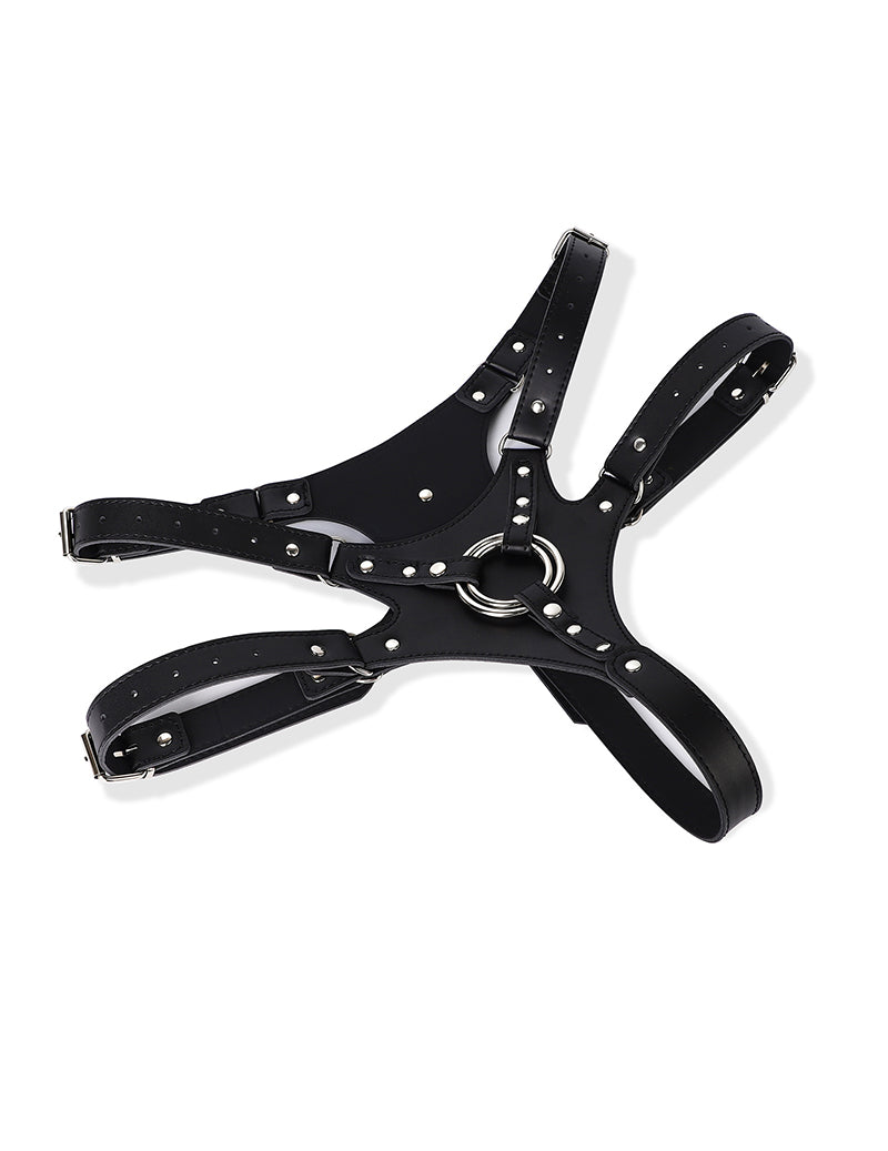 Black PU strappy harness brief with O-ring, laid flat with multiple straps