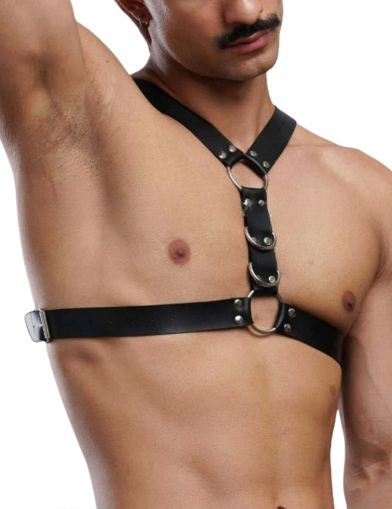 Men's faux leather body harness, black cross-strap design with O-ring hardware