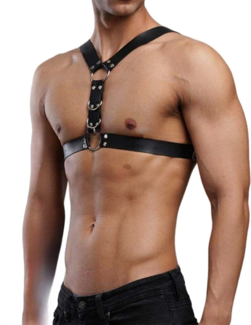 Men's faux leather body harness in black with O-ring chest strap and shoulder loops
