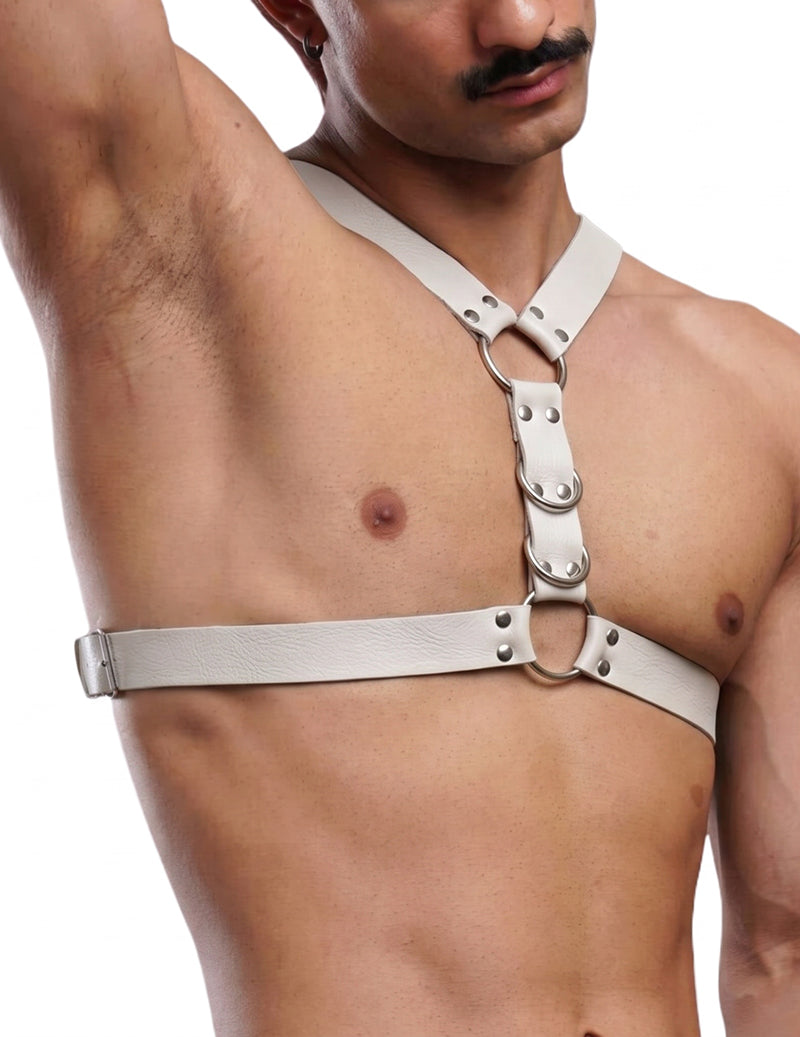Men's faux leather body harness in white with O-ring chest strap and shoulder connectors