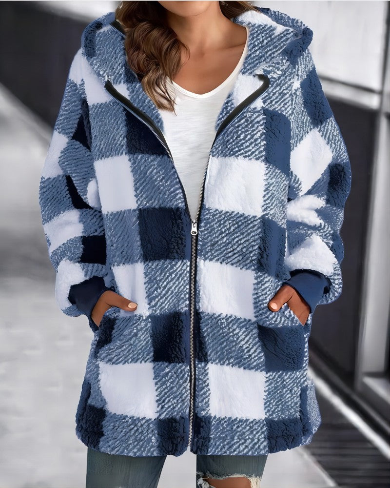 Blue and White Plaid Hoodie Overcoat for Women - Loose Fit with Zipper and Hood