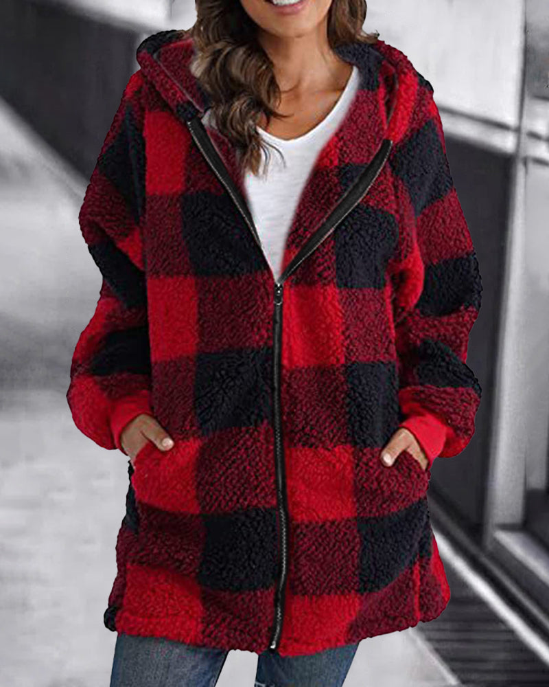 Red and Black Plaid Hoodie Overcoat for Women with Zipper and Hood