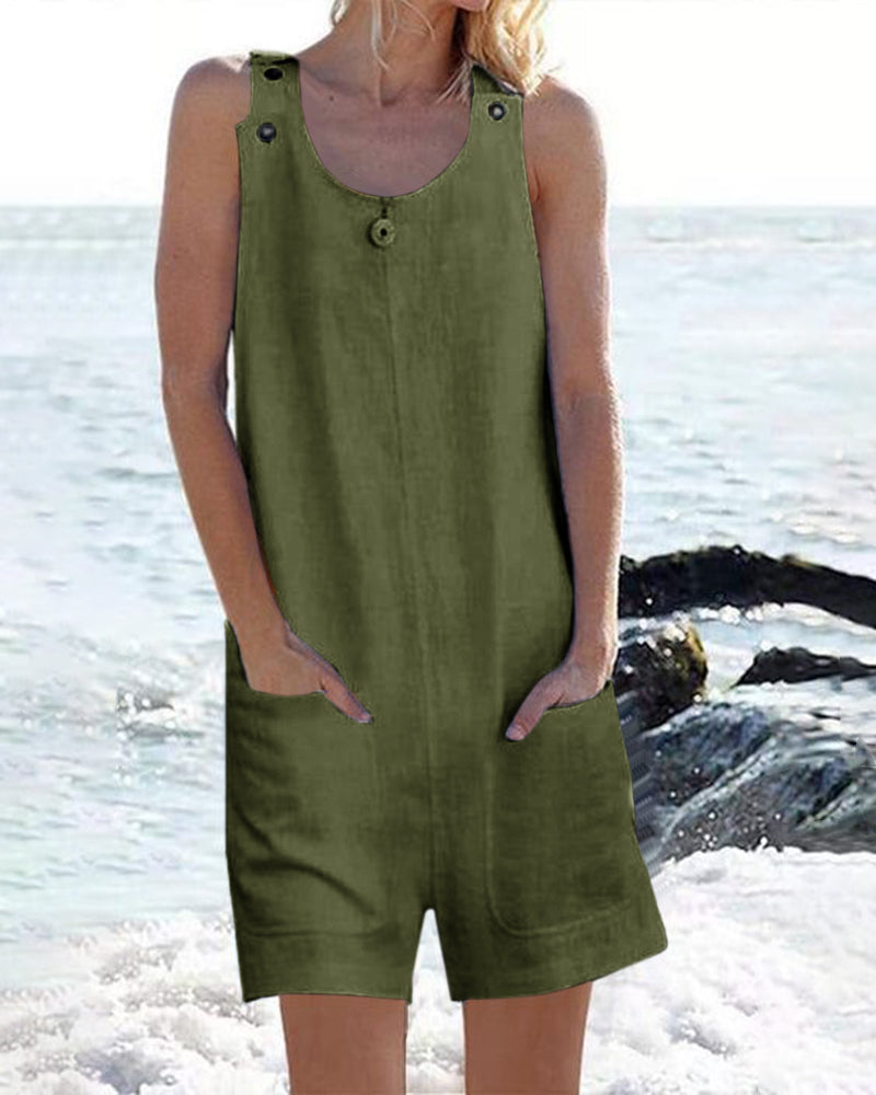 Green cotton pocket buttons shorts jumpsuit, casual style, perfect for leisure and daily wear.