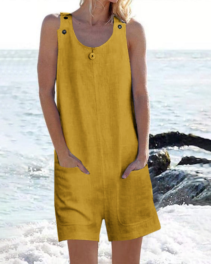 Yellow cotton pocket buttons shorts jumpsuit, casual style, perfect for leisure and daily wear.