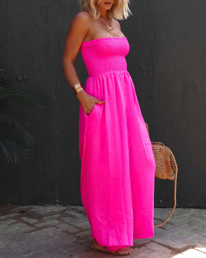 Pleated Tube Top Jumpsuit in bright pink, perfect for casual wear.