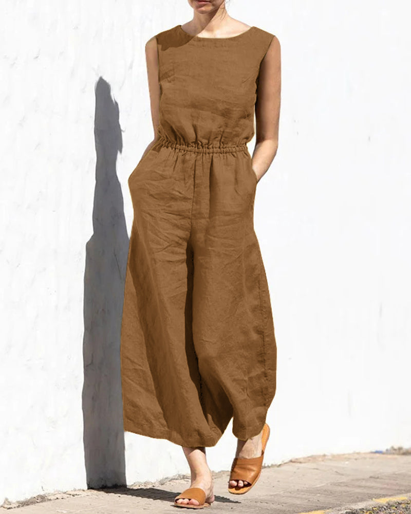 Brown wide leg cotton jumpsuit with elastic waist, perfect for casual and daily wear.
