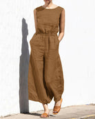 Cotton Playsuit Plain Short Sleeve Wide Leg Long Jumpsuit