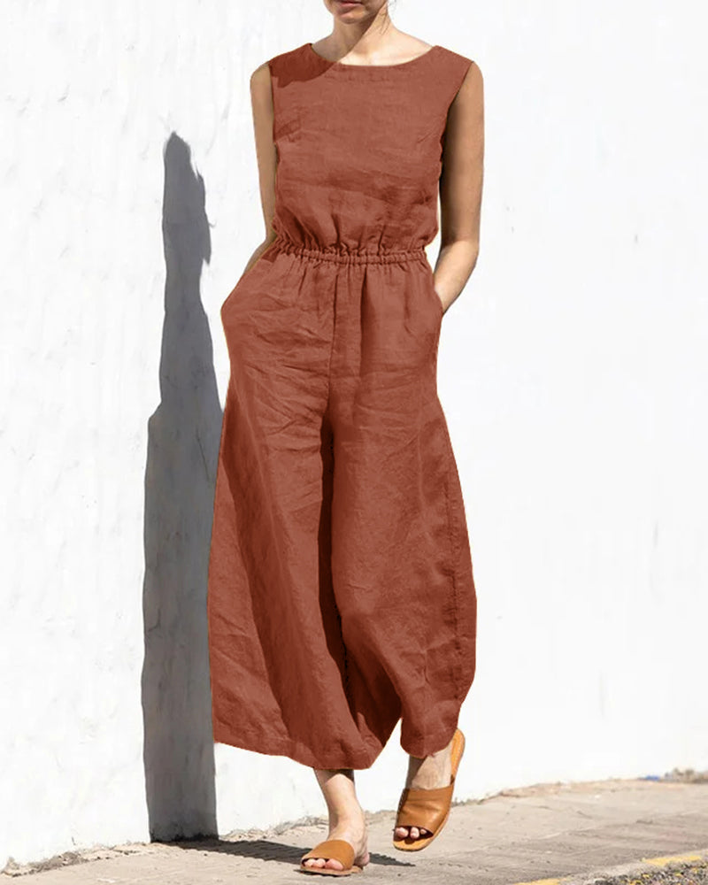 Rust-colored wide leg long jumpsuit made of cotton, casual style, perfect for daily wear.