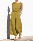 Cotton Playsuit Plain Short Sleeve Wide Leg Long Jumpsuit