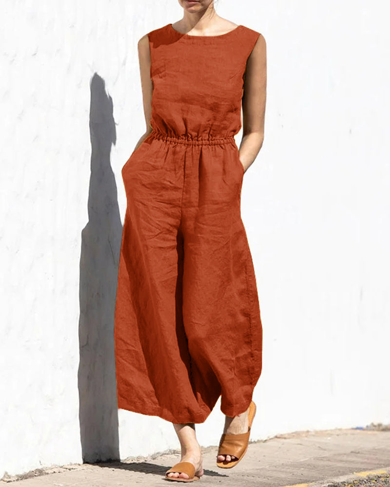 Rust-colored wide leg cotton jumpsuit with elastic waist, perfect for casual and daily wear.