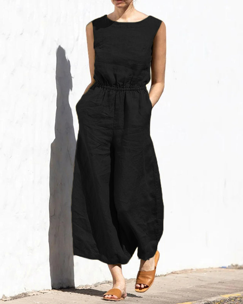 Black wide leg cotton jumpsuit, elastic waist, sleeveless, casual wear