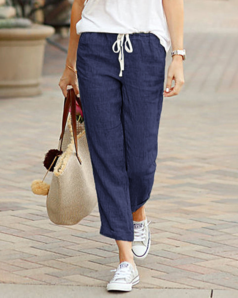Drawstring elastic pants in linen and cotton blend, casual style for women, dark blue