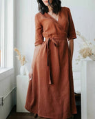 Copper Linen Wrap Dress With Pockets Long Sleeves A Line Fitted Waist Dress