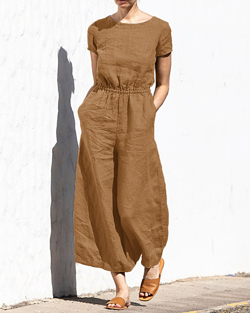 Brown cotton linen wide leg jumpsuit with elastic waist, perfect for casual daily wear