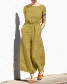 Solid Color Short Sleeve Round Neck Cotton Linen Wide Leg Jumpsuit