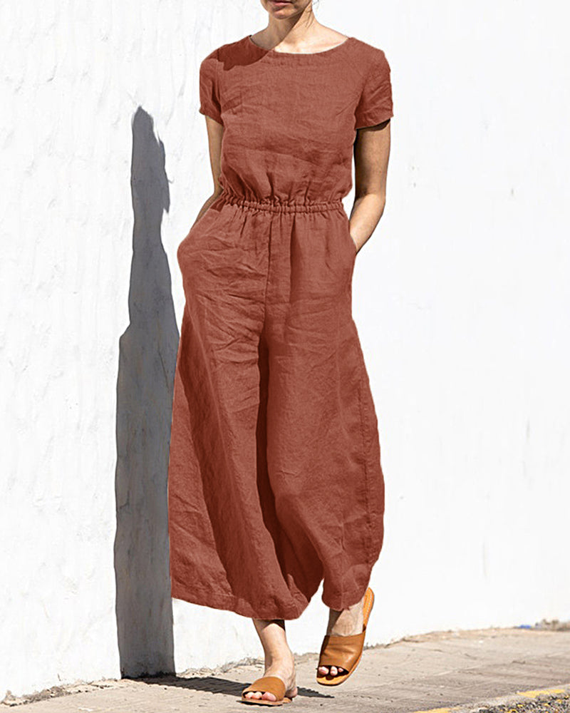 Rust cotton linen wide leg jumpsuit with elastic waist, perfect for casual daily wear.